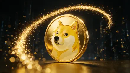 Gold Dogecoin featuring a Shiba Inu coin encircled by a swirling golden spark ring against a dark bokeh city backdrop — 4K Ultra HD PC desktop wallpaper