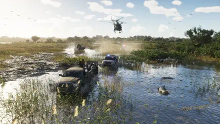 4K Ultra HD PC wallpaper of Grand Theft Auto VI: a police helicopter hovers over a flooded marsh as a police car and SUVs splash through water during a tense pursuit.