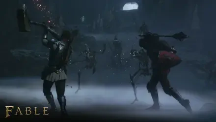 HD PC desktop wallpaper for the video game Fable (2027): two warriors clash with skeletal foes in a misty underground chamber, Fable logo at lower left.