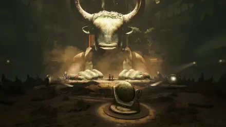 HD PC desktop wallpaper showing a colossal bull-headed monster statue from the video game Resonance: A Plague Tale Legacy looming over a ruined chamber and altar.
