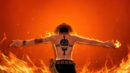 Portgas D. Ace from One Piece, seen from behind with arms spread as flames swirl around him — 4K Ultra HD anime PC desktop wallpaper and background.