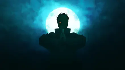 Obito Uchiha anime 5K Ultra HD PC desktop wallpaper/background: silhouetted figure with one red eye and hand seal before a glowing full moon and teal mist.