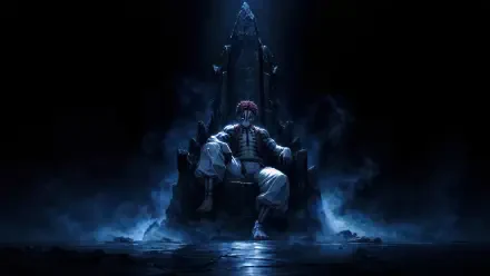 Akaza from Demon Slayer sits on a dark throne surrounded by blue mist — dramatic anime 5K Ultra HD PC desktop wallpaper/background.