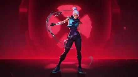 Jett (Valorant) poised with her blade and wind trails against a glowing red emblem — HD PC desktop wallpaper and background.