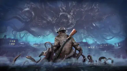 Sinking City 2 4K Ultra HD PC desktop wallpaper: lone trench‑coated hunter with rifle faces a tentacled sea horror rising over a flooded, neon‑lit city under swirling storm clouds.
