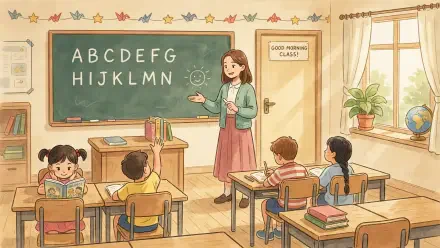Cute school classroom scene: teacher at the blackboard teaching ABCs while students sit at desks amid warm light and plants — 2K Quad HD PC desktop wallpaper/background.