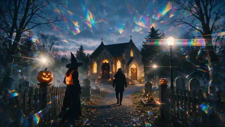 2K Quad HD PC desktop wallpaper: Halloween aesthetic — a silhouetted figure walks toward a lit house flanked by carved pumpkins, a witch silhouette, and a prismatic, eerie night sky.