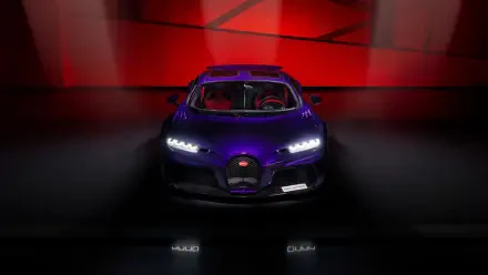 Front view of a purple Bugatti Chiron Super Sport car on a glossy floor with red geometric backdrop — 4K Ultra HD PC desktop wallpaper and background.
