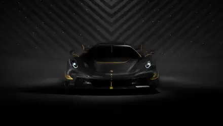 Front view of a Koenigsegg Jesko sports car in dramatic dark lighting, 4K Ultra HD PC desktop wallpaper and background.