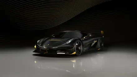 Koenigsegg Jesko hypercar in glossy black with gold accents, dramatic studio lighting on a reflective floor — 4K Ultra HD PC desktop wallpaper/background.