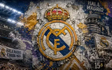 Grunge Real Madrid C.F. crest over stadium, fans and Hala Madrid banners — 4K Ultra HD PC desktop wallpaper and background highlighting soccer and sports.