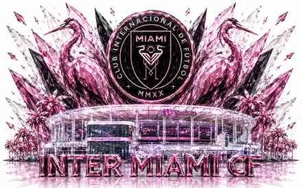 Inter Miami CF crest and flamingo wings rise over the club stadium with INTER MIAMI CF text — MLS soccer 4K Ultra HD PC wallpaper and background.