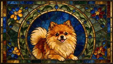 Stained-glass style Pomeranian dog portrait with floral border on a deep blue field — 4K Ultra HD PC desktop wallpaper and background.