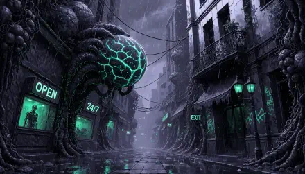 4K Ultra HD PC desktop wallpaper/background: rain‑slick alley overtaken by bioluminescent alien tentacle monsters, neon OPEN/EXIT signs — commercial exploitation artwork.