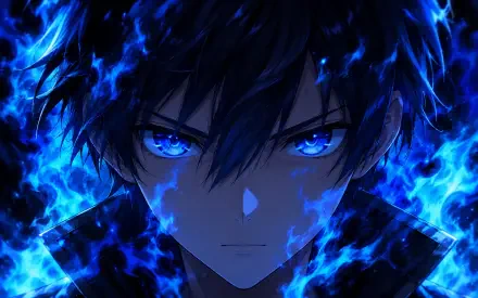 Manga-style close-up of Kirito (Sword Art Online) with piercing glowing blue eyes and electric-blue flames surrounding him — 4K Ultra HD PC desktop wallpaper/background.