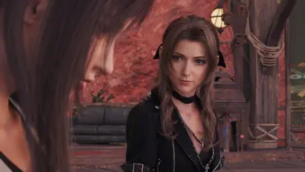 Close-up of Aerith from Final Fantasy VII Rebirth in a warm, dim interior, rendered as a 4K Ultra HD PC desktop wallpaper and background.