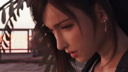 Close-up portrait of a contemplative character from Final Fantasy VII Rebirth, rendered as a 4K Ultra HD PC desktop wallpaper with warm sunset lighting.