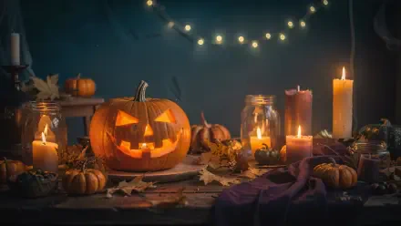 4K Ultra HD PC desktop wallpaper: glowing jack-o'-lantern pumpkin on a table with candles, mason jars, small pumpkins and autumn leaves, evoking a cozy Halloween aesthetic.
