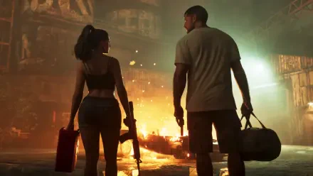 4K Ultra HD desktop wallpaper for Grand Theft Auto VI: Jason and Lucia walk side-by-side through a burning urban street, armed and carrying duffel bags.