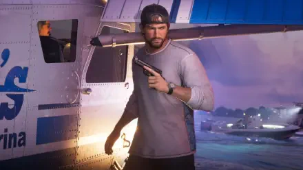 4K Ultra HD PC wallpaper: Jason from the Grand Theft Auto VI video game in Vice City, holding a pistol beside a small plane on a neon-lit runway at dusk.