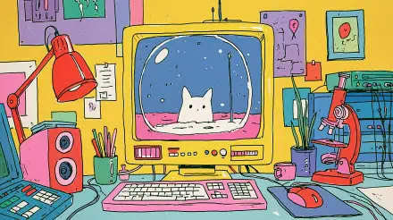 Whimsical 2K Quad HD PC desktop wallpaper: a white cat peeks from a retro computer monitor amid colorful desk gear — keyboard, lamp, speakers, mouse, and a microscope.