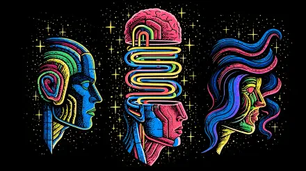 Artistic 2K Quad HD PC desktop wallpaper/background of three neon human heads: left robotic, center split with exposed brain and looping neon circuits, right flowing-haired on a starry black field.