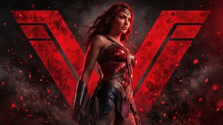 4K Ultra HD digital art PC wallpaper of Wonder Woman, superhero in armored costume: bold stance before a glowing red emblem, windblown hair and embers swirling amid a dark, smoky backdrop.