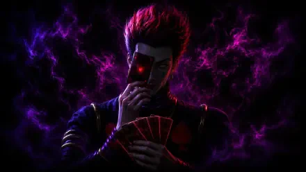 Hisoka (Hunter × Hunter) in a 4K Ultra HD PC desktop wallpaper: shadowed figure with a red glowing eye, hiding his face behind playing cards amid crackling purple energy.