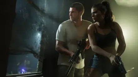 Grand Theft Auto VI 4K Ultra HD PC wallpaper: Lucia Caminos and Jason Duval armed and alert in a shadowy urban interior from the video game.