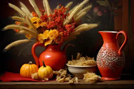 5K Ultra HD PC desktop wallpaper: autumn still life with a fall bouquet in an orange vase, patterned pitcher, pumpkins and dried grasses on a rustic tabletop.