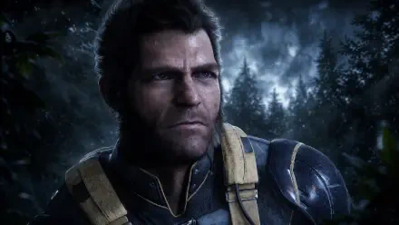 4K Ultra HD PC wallpaper of Marvel's Wolverine — a rugged X-Men soldier in tactical armor, stern face against a moonlit forest backdrop.