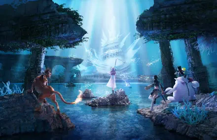 4K Ultra HD Final Fantasy wallpaper: Aerith stands at a glowing altar bathed in blue light while Yuffie Kisaragi, Red XIII and allies watch amid glowing ruins and shimmering water.