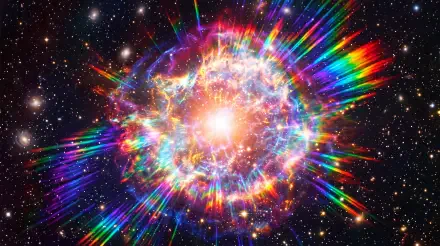 Colorful supernova explosion radiating rainbow beams across deep space — 5K Ultra HD PC desktop wallpaper and background.
