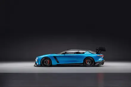 Side profile of a blue Jensen Interceptor GTX sports car on a minimalist studio background — 4K Ultra HD PC desktop wallpaper.