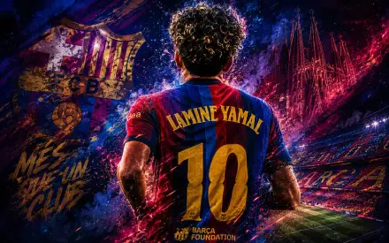 Back view of an unidentified soccer player wearing FC Barcelona No.10 kit for the Spanish club, vibrant 4K desktop wallpaper with stadium lights and red-blue effects.