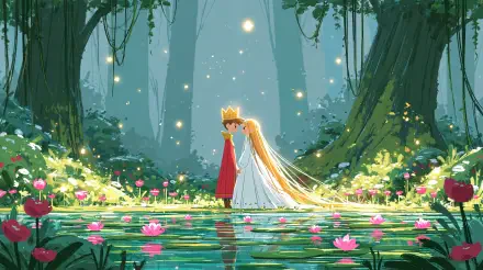 Fantasy royalty love 2K Quad HD PC wallpaper of a crowned prince and princess embracing in an enchanted forest pond, surrounded by glowing fireflies and pink lotus blossoms.