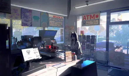 4K Ultra HD PC desktop wallpaper and background: Digital Art of an anime girl behind a sunlit convenience store counter, ATM sign in the window, soft painterly light.