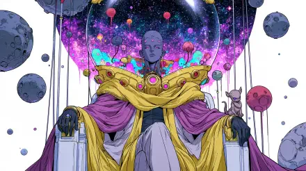 Sci‑fi alien emperor villain seated on an ornate throne, purple‑gold robes and a glass bubble helmet, cosmic nebula and floating planets behind — 2K Quad HD PC desktop wallpaper and background.