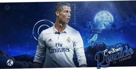 2K Quad HD PC wallpaper showing a male Real Madrid C.F. footballer in a white Fly Emirates kit against a blue cosmic landscape with moon, mountains, and stylized signature text.