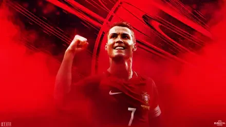 HD PC desktop wallpaper of a triumphant soccer forward in a red #7 jersey, fist raised amid dynamic red streaks and smoke — sports-themed background.