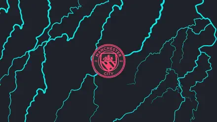 2K Quad HD PC desktop wallpaper showing the Manchester City F.C. pink crest centered on a dark background with turquoise, lightning-like streaks.