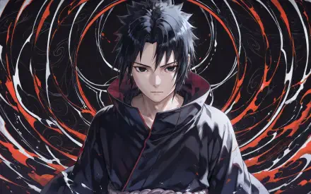 Sasuke Uchiha from Naruto stares ahead in a dark cloak and rope belt, surrounded by swirling red-black chakra rings — 4K Ultra HD PC desktop wallpaper/background