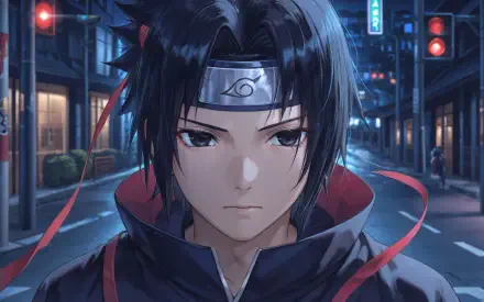 Sasuke Uchiha (Naruto) 4K Ultra HD PC desktop wallpaper — stoic close-up at night, Konoha headband, dark hair and red-trimmed cloak against a neon-lit city street.
