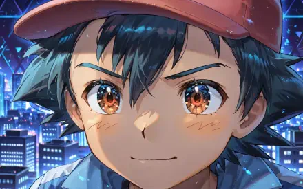 Close-up anime portrait of Ash Ketchum (Pokémon) with determined smile, glowing amber eyes and neon city backdrop — 4K Ultra HD PC desktop wallpaper/background.