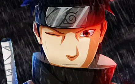 Shisui Uchiha from Naruto — anime 4K Ultra HD desktop wallpaper: close-up winking in rain, glowing Sharingan, Konoha headband and sword.
