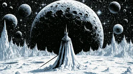 Sci‑Fi 2K Quad HD PC wallpaper: a cloaked king with a sword stands on an icy moon, jagged spires ring the horizon while multiple planets and moons loom in a starry space sky.
