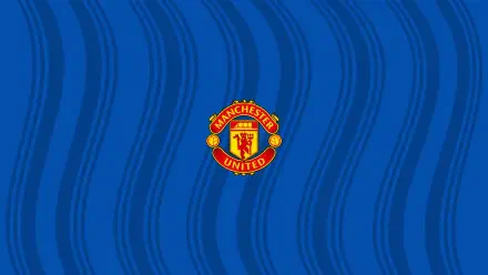 Manchester United F.C. crest centered on a blue wavy striped background — 2K Quad HD PC desktop wallpaper.