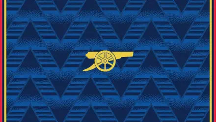 Golden Arsenal F.C. cannon logo centered on a textured blue geometric 2K Quad HD PC desktop wallpaper background.