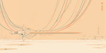 Abstract technology 4K Ultra HD PC desktop wallpaper depicting a sleek energy sword with flowing circuit-like cables over a minimalist beige background.