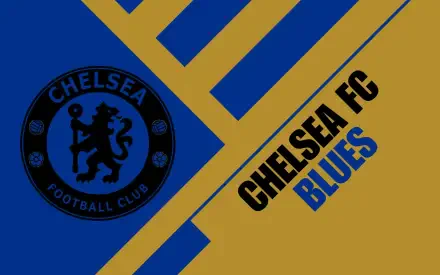 Diagonal blue-and-gold 2K Quad HD desktop wallpaper with the Chelsea F.C. crest on the left and bold, angled CHELSEA FC BLUES text on the right, soccer club logo.
